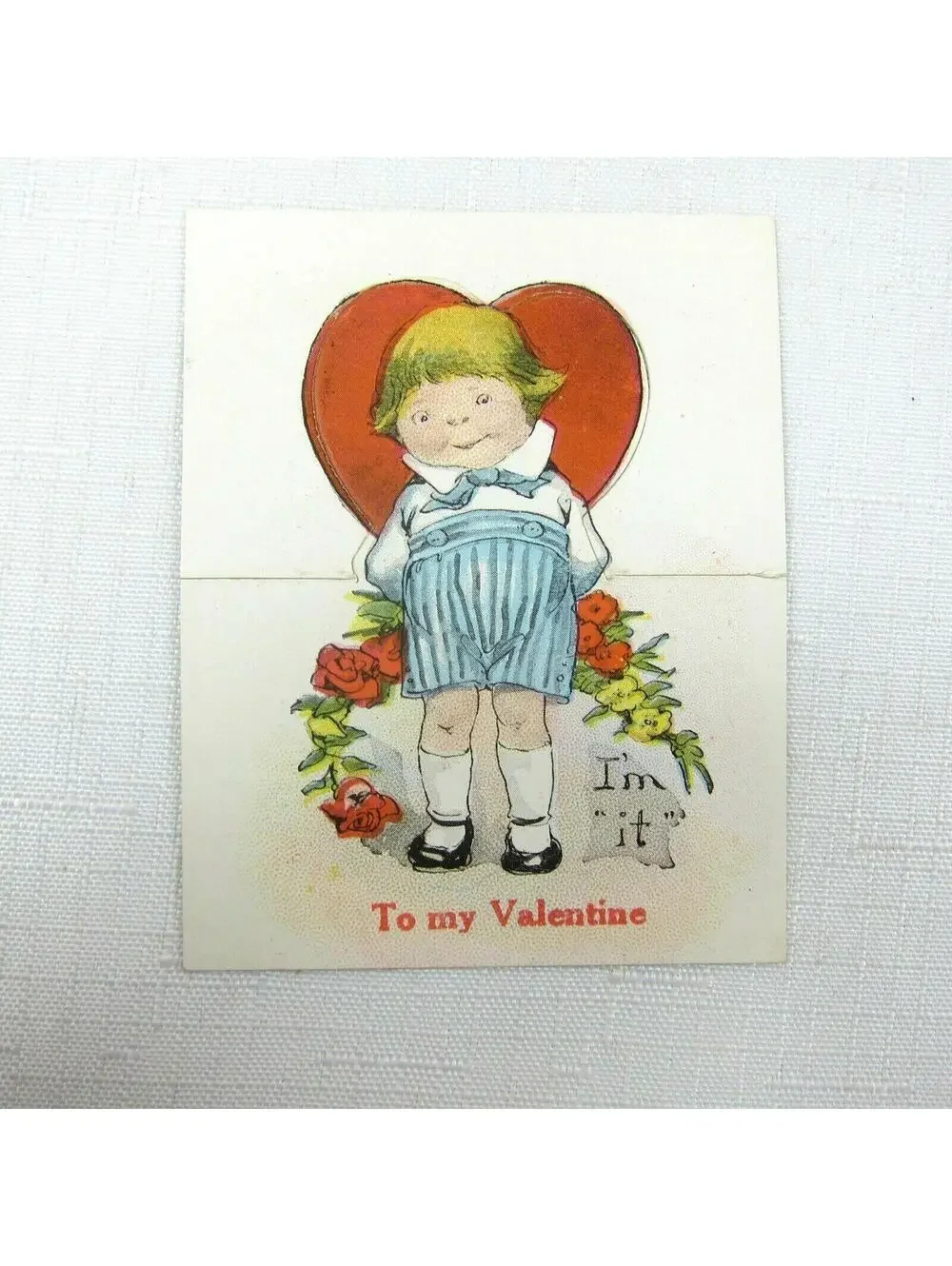 Vintage Valentine Cutout Card Stand Up Blonde Boy w/ Flowers 1920s-30s UNSIGNED